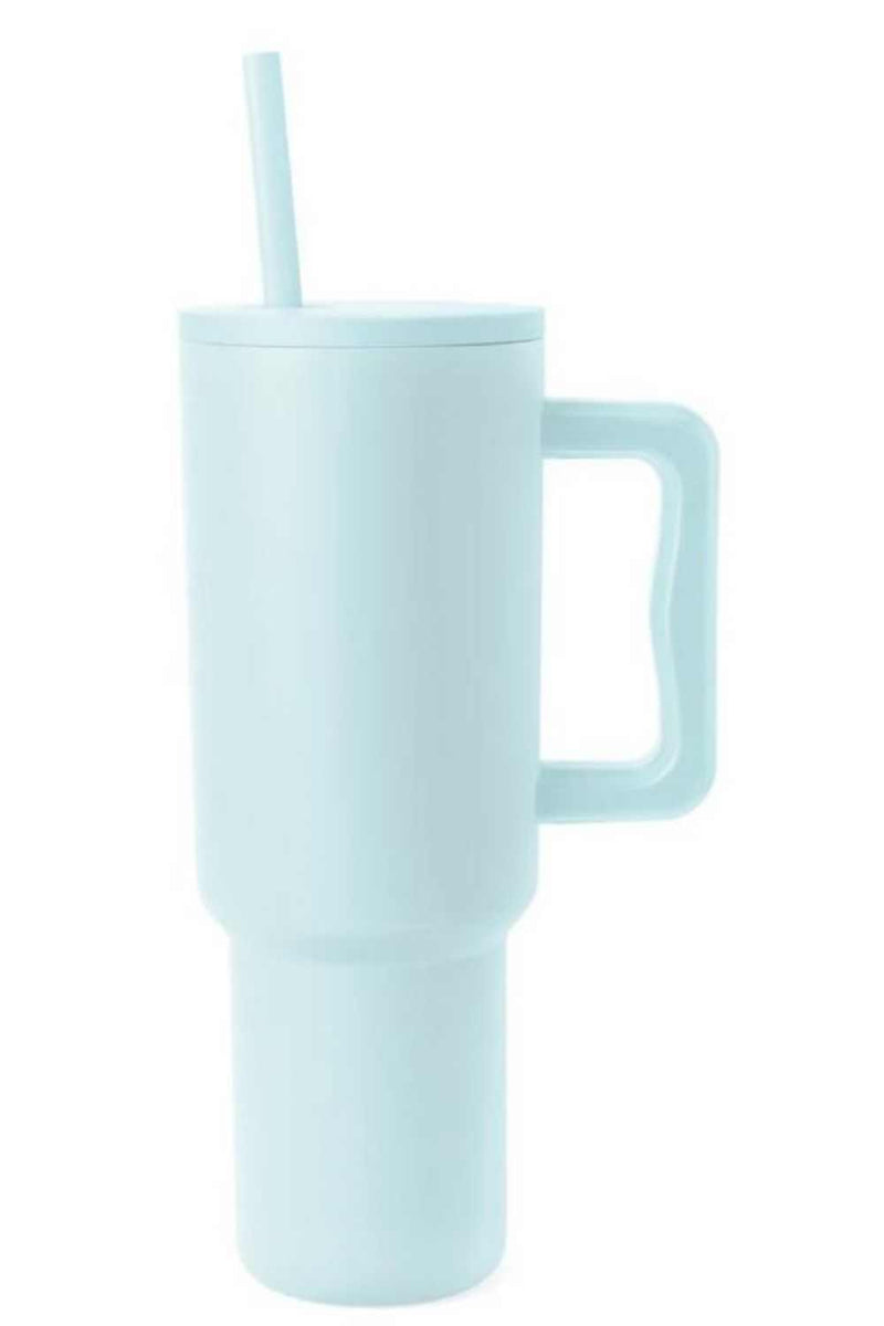 Monochromatic stainless steel tumbler with straw and handle, 40 oz capacity.