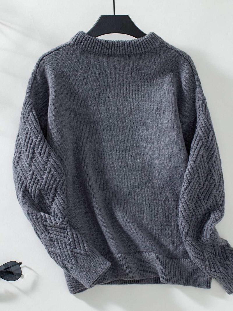 Round Neck Long Sleeve Woven Sweater in grey, cozy fall fashion staple.