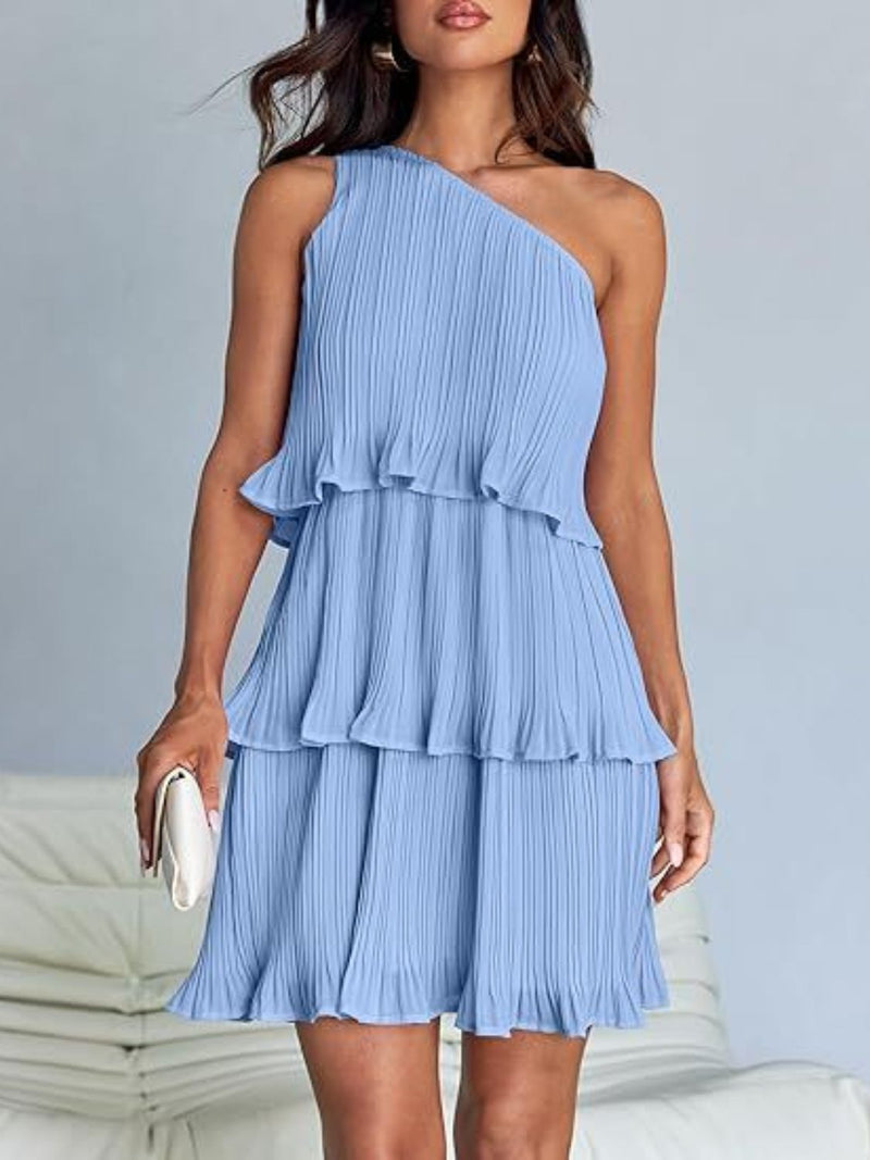 Layered single shoulder mini dress, ruffled and opaque, 100% polyester.