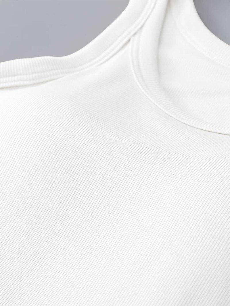 Round neck tank with bra, close-up of fabric texture, white color.