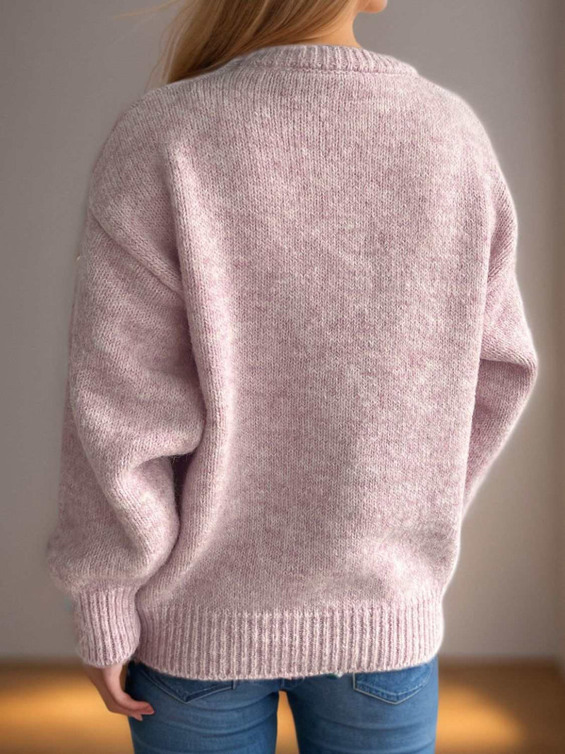 Round Neck Long Sleeve Sweater in soft pink, back view, cozy and stylish.