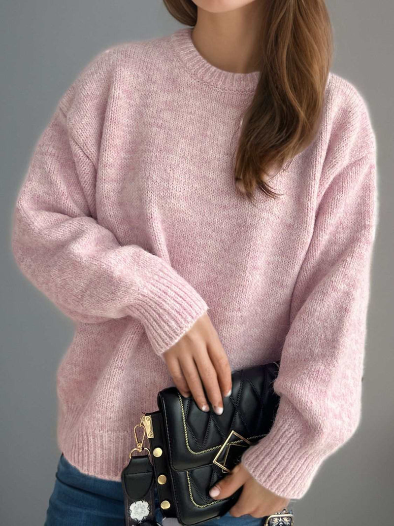 Round Neck Long Sleeve Sweater in light pink, cozy and stylish design.