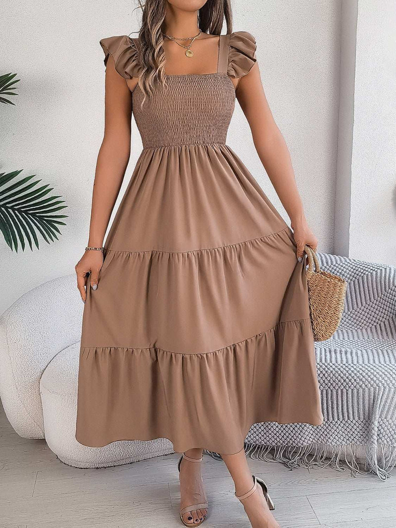 Smocked square neck cap sleeve midi dress in brown with tiered skirt design.