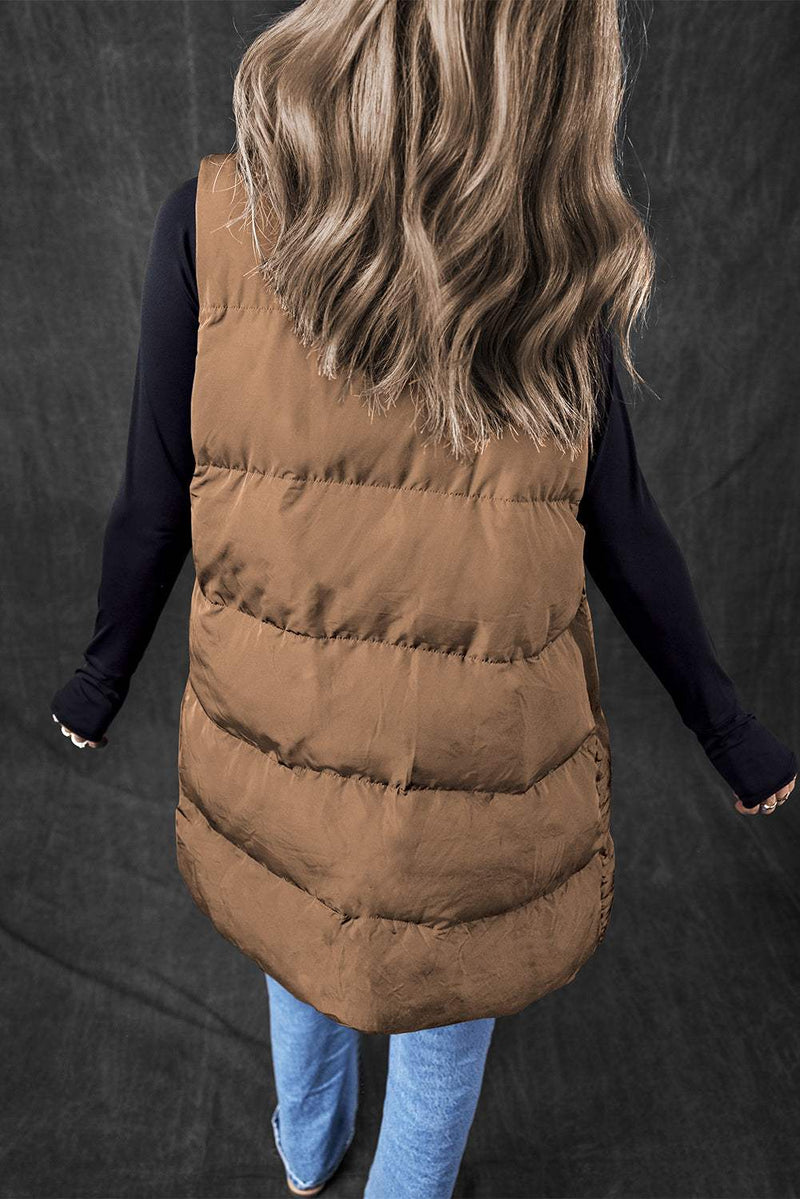 Black Windproof Longline Full Zipper Puffer Vest with Pockets for stylish warmth and versatility.