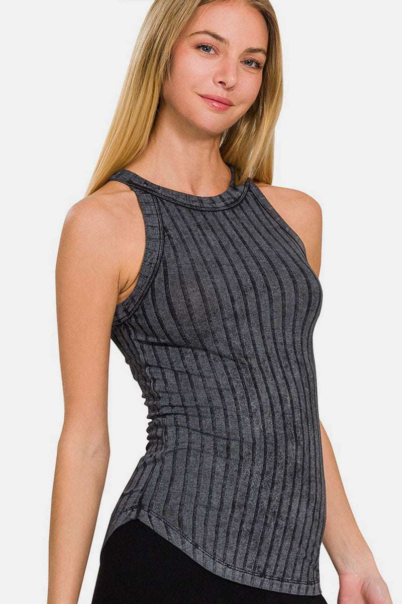 Zenana Ribbed Grecian Neck Tank with elegant ribbed texture.