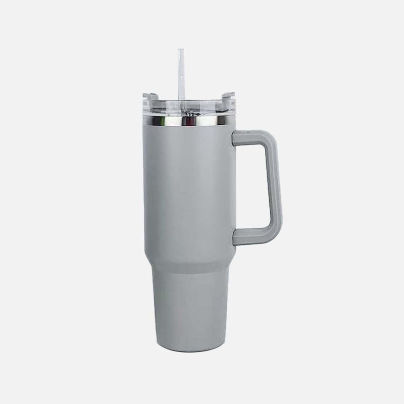 Stainless steel tumbler with handle and straw, 40 oz capacity, fits car cup holders.