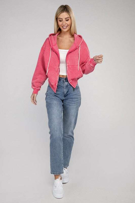 Acid wash fleece cropped zip-up hoodie with pockets and drawstring hood.