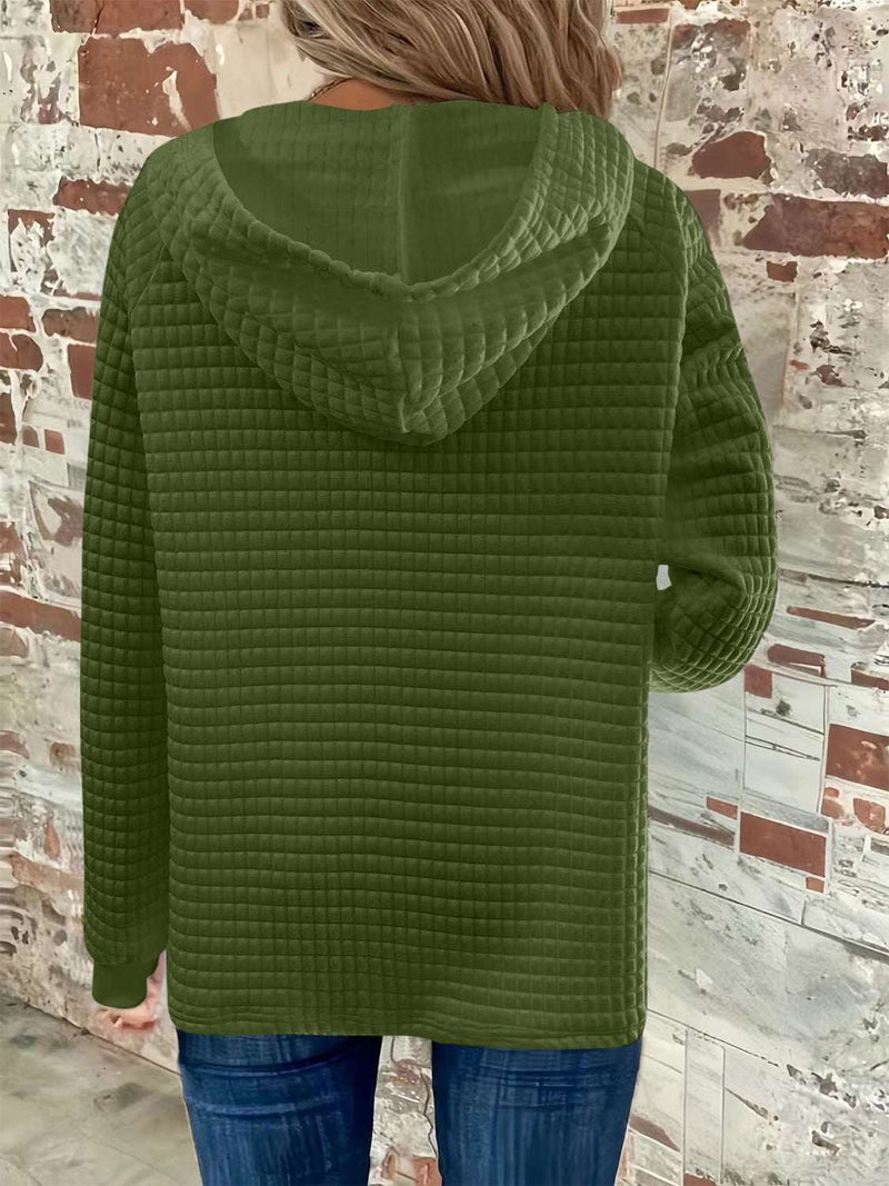 Full size texture button detail drawstring long sleeve hoodie in green, shown from the back.
