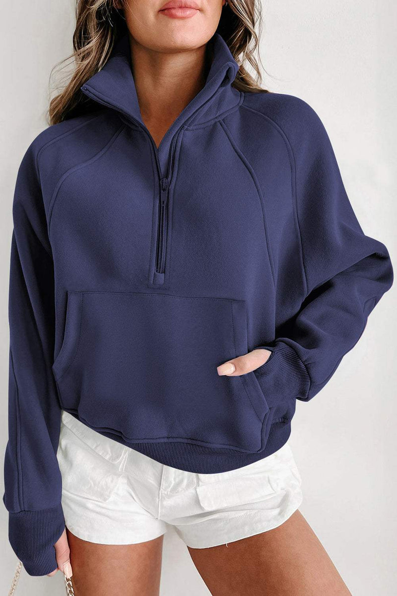 Fleece Lined Stand Collar Thumbhole Sleeve Sweatshirt in Navy