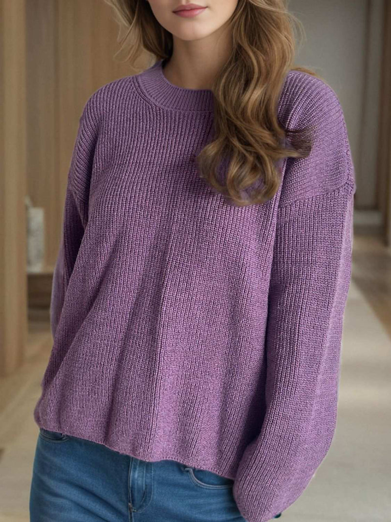 Solid Color Round Neck Long Sleeve Sweater in purple, slightly stretchy, polyester and acrylic blend.