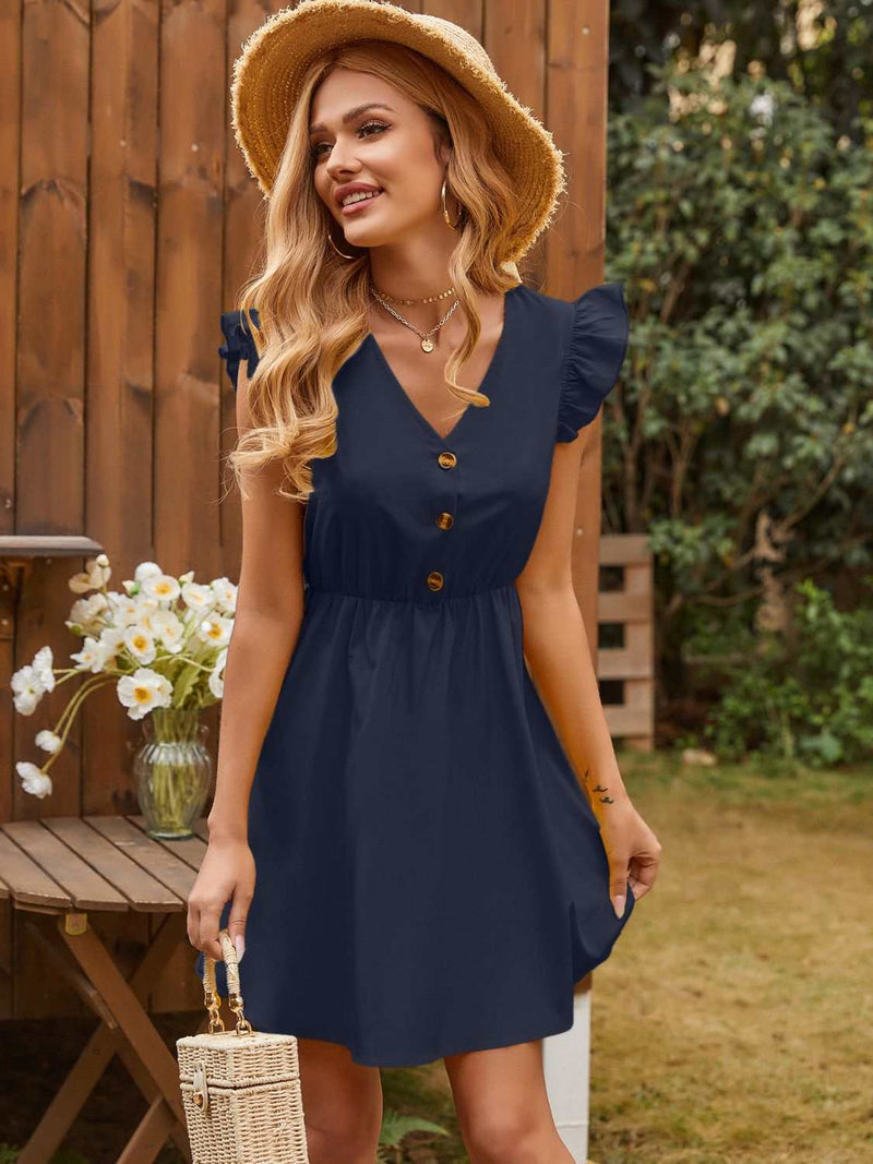 Ruffled V-Neck Cap Sleeve Mini Dress, buttoned design, navy color, summer style.