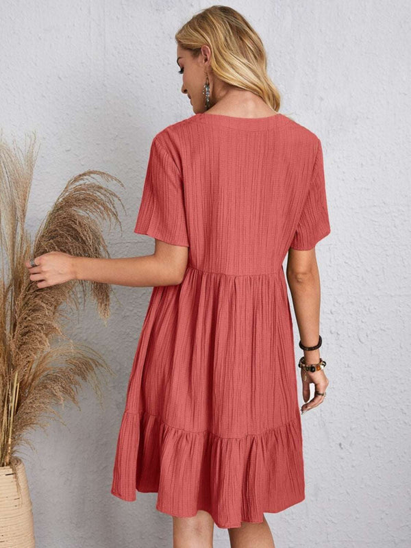 Full size V-neck short sleeve dress in coral, basic style, polyester fabric.