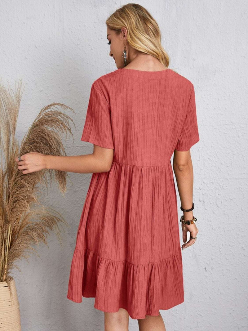 Full size V-neck short sleeve dress in coral, basic style, polyester fabric.