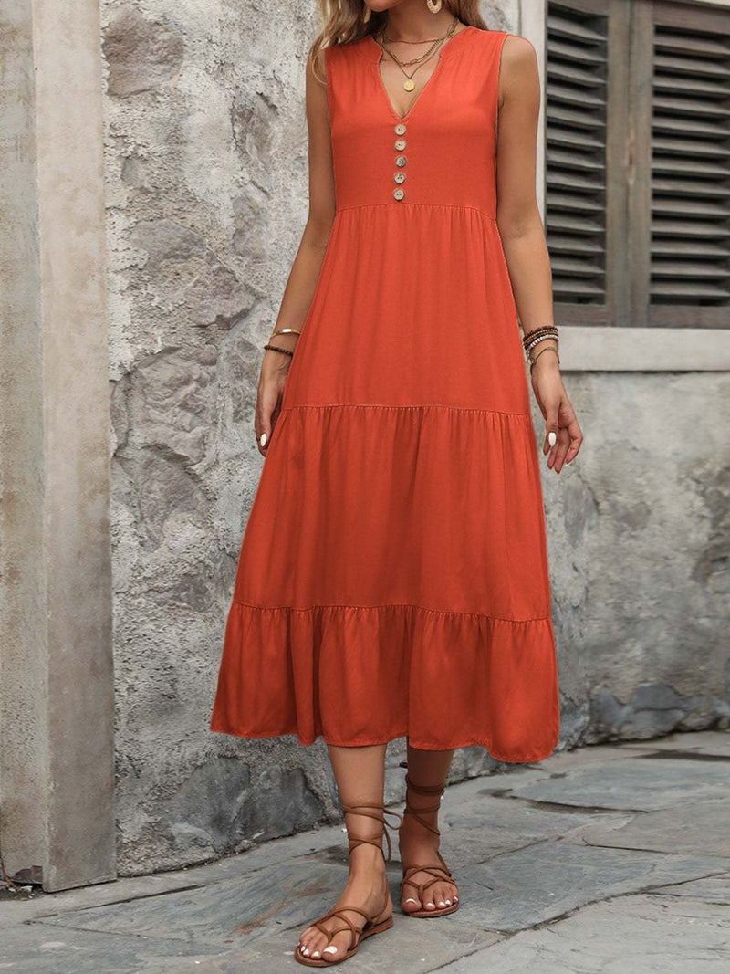 Ivy Lane decorative button notched sleeveless dress in orange, 100% cotton.