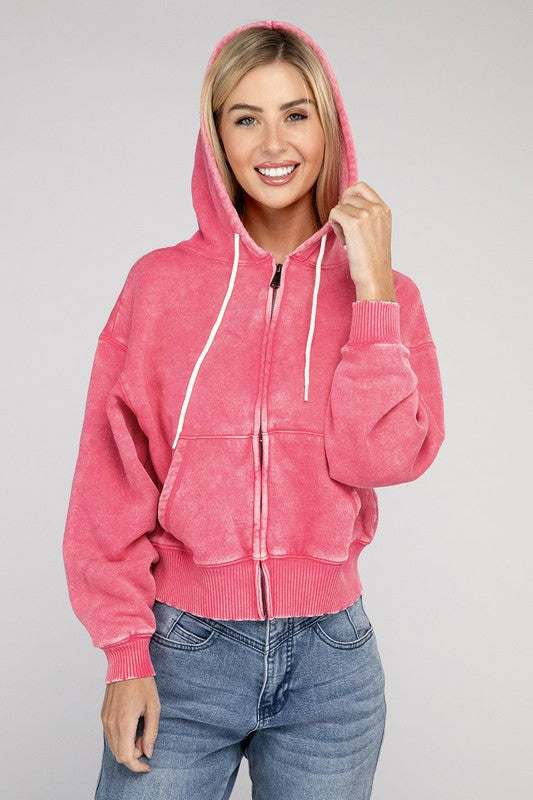 Acid Wash Fleece Cropped Zip-Up Hoodie with drawstring hood in pink, modeled.