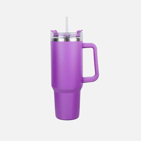 Stainless steel tumbler with handle and straw, purple color, 40 oz capacity.