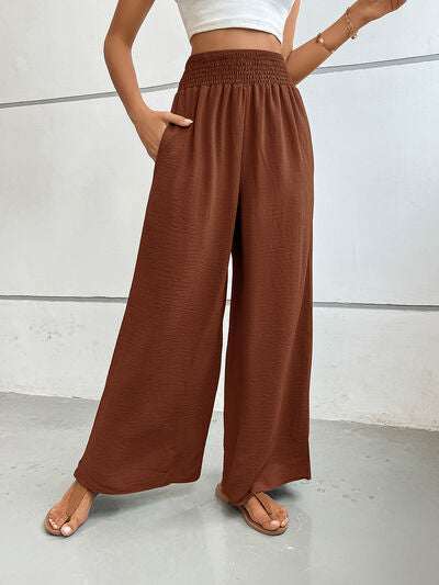 Perfee wide leg pants with pockets in brown, featuring an elastic waistband and relaxed fit.