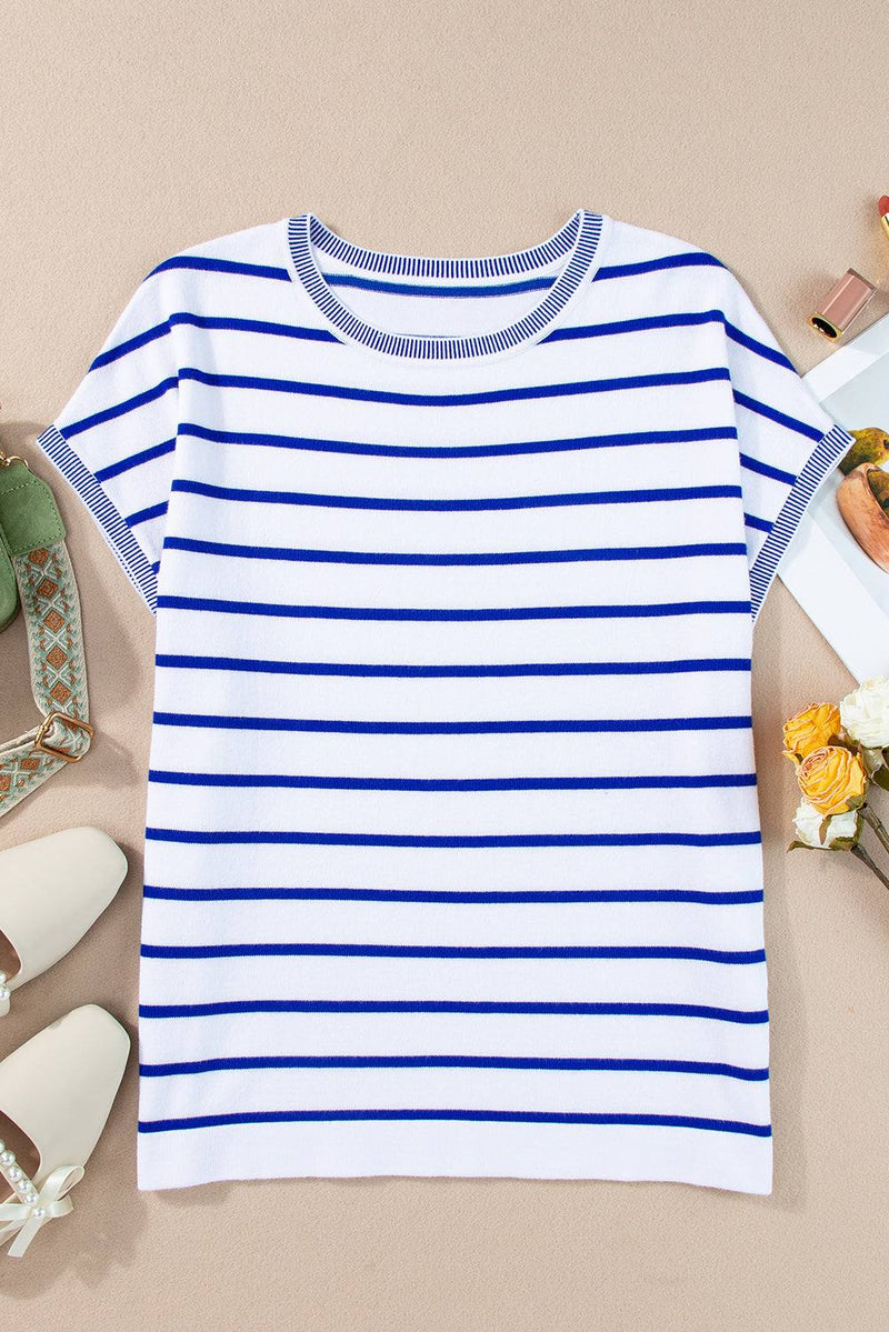 Striped round neck cap sleeve knit top in blue and white.