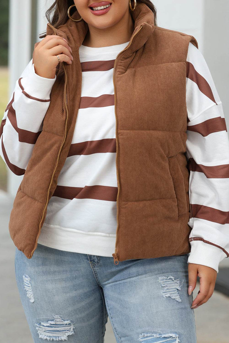 Coffee corduroy stand neck zipped puffer vest, stylish and warm winter fashion.