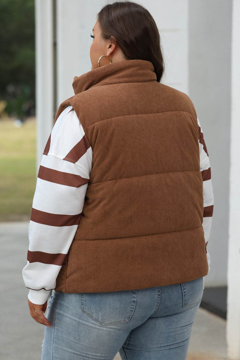 Coffee Corduroy Stand Neck Zipped Puffer Vest with stand neck and side pockets.