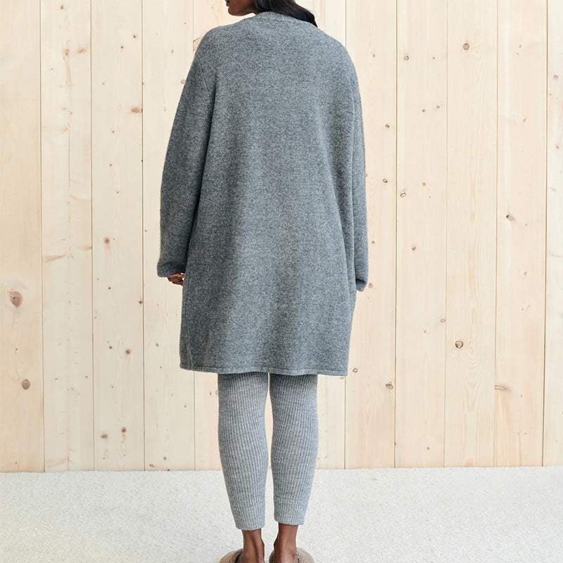 Open front long sleeve cardigan with pockets in gray, moderate stretch, 100% acrylic.