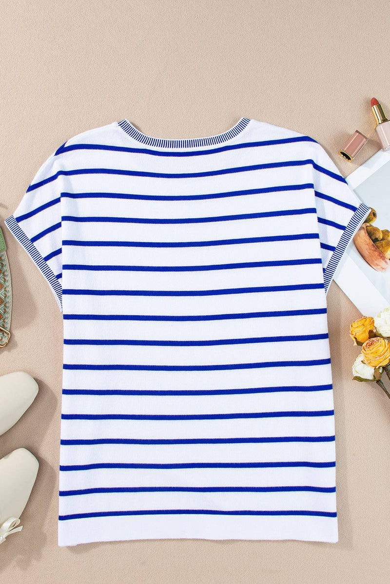 Striped round neck cap sleeve knit top with blue and white stripes.