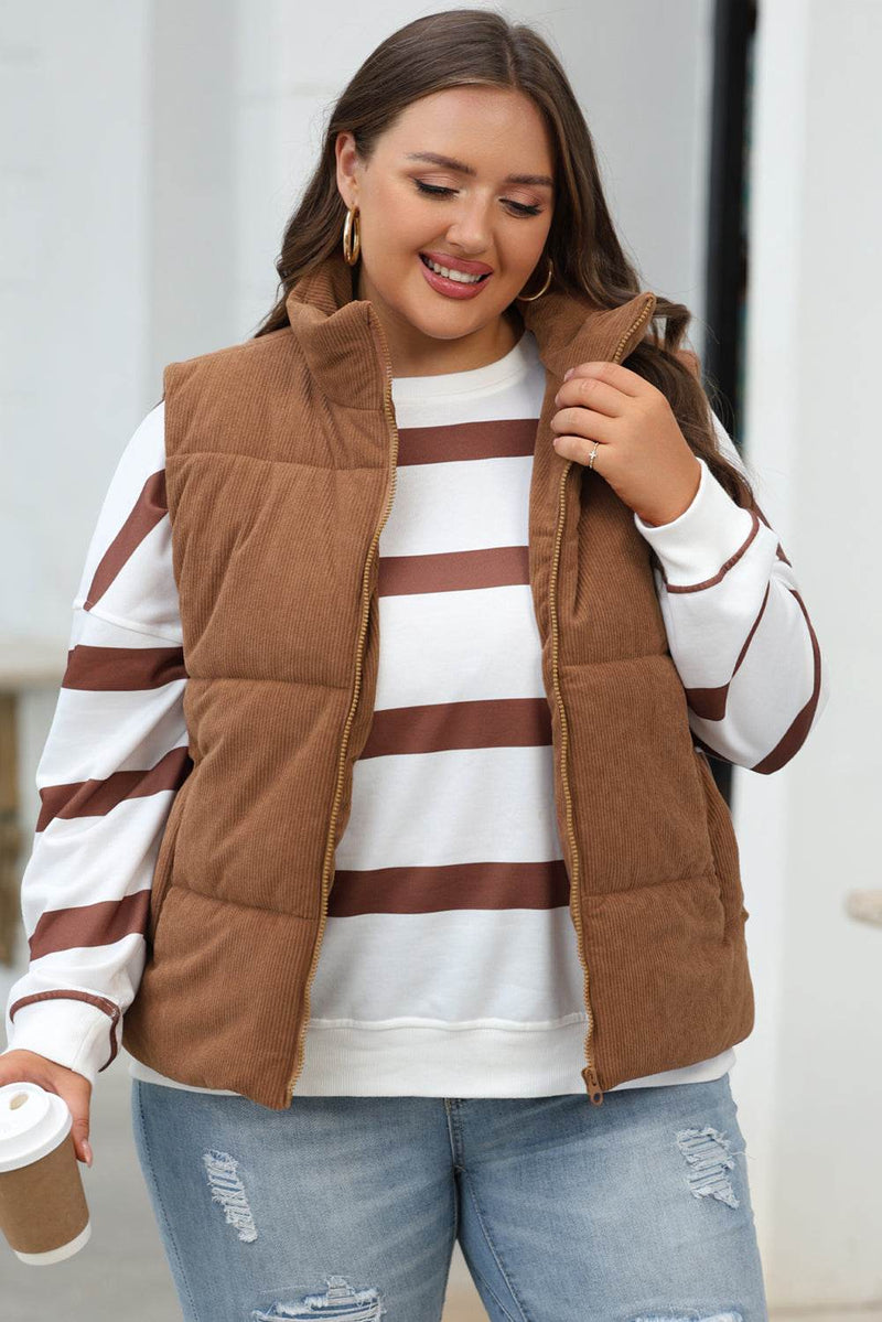 Coffee Corduroy Stand Neck Zipped Puffer Vest on a Model