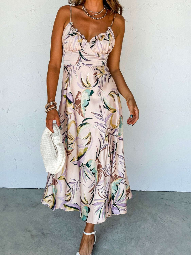 Floral slit frill printed midi cami dress with adjustable straps.