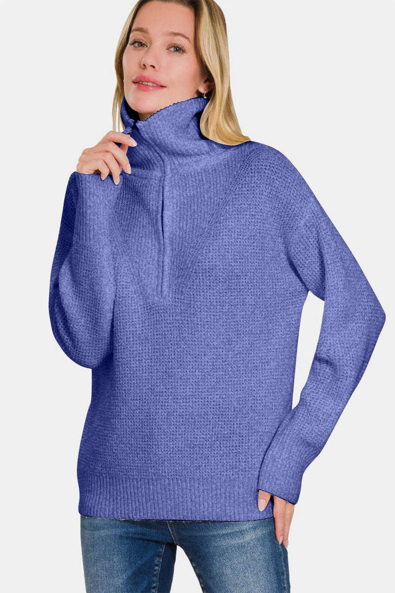 Zenana Half Zip Long Sleeve Sweater in blue, cozy and stylish fall and winter wear.