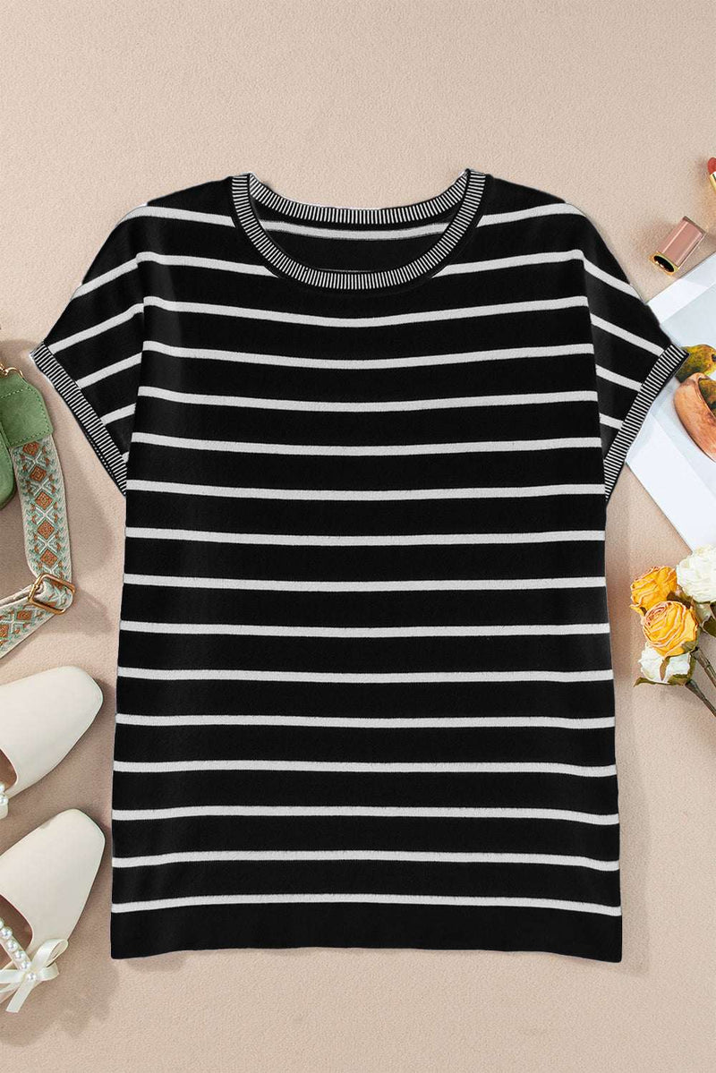 Striped round neck cap sleeve knit top, black and white design.