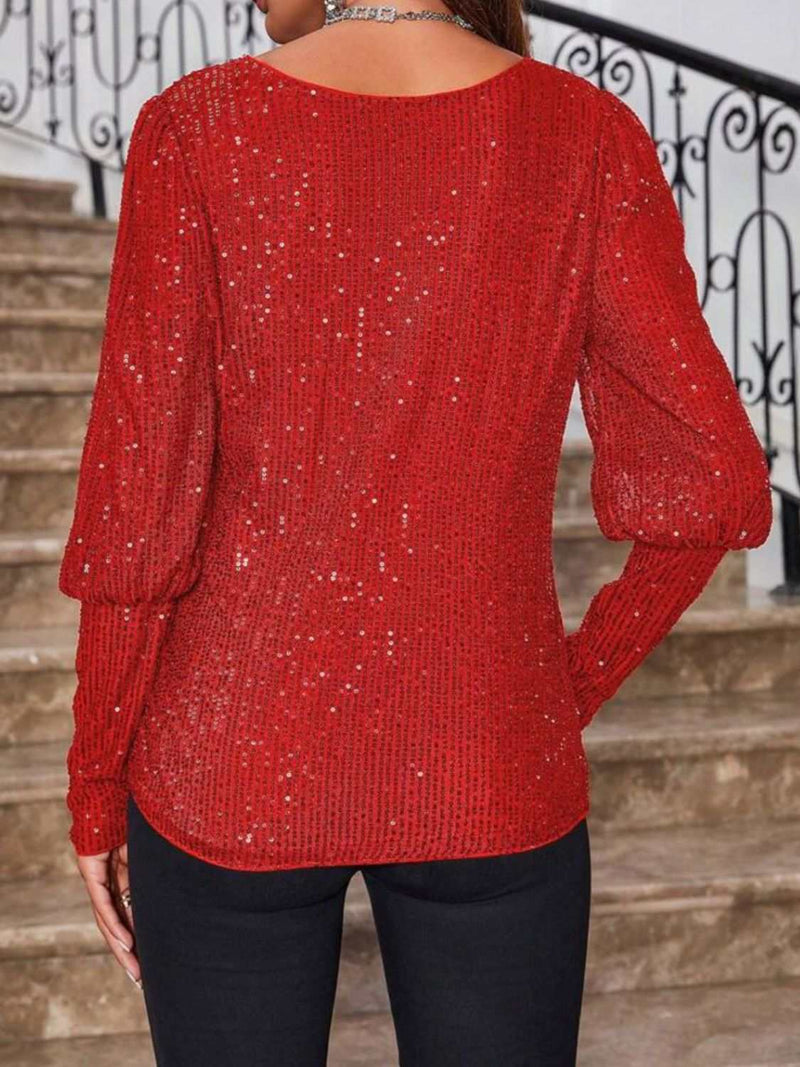 Red sequin boat neck long sleeve top, back view.