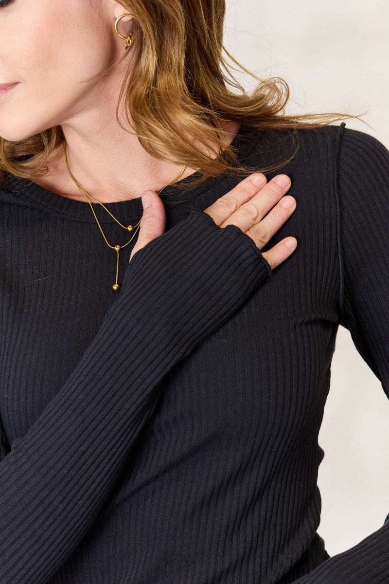 Culture Code ribbed round neck long sleeve top in black with moderate stretch.