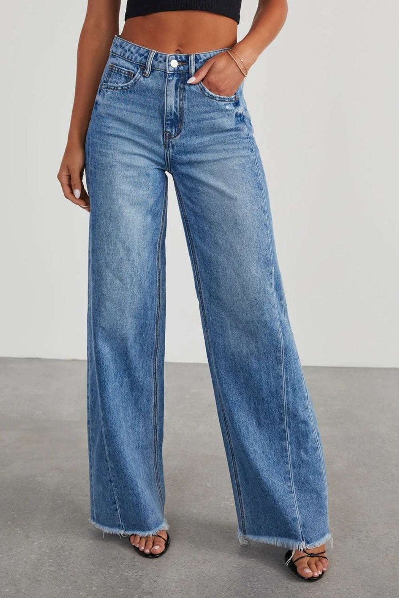 Raw Hem Wide Leg Jeans with Pockets, 100% cotton, no stretch, buttoned, women fashion.