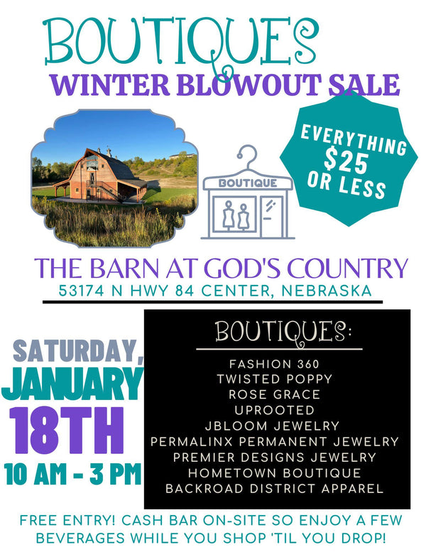 Boutique winter blowout sale flyer at Barn at God's Country, January 18th, 2025, with all items $25 or less.