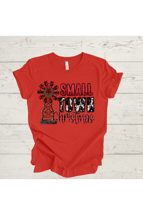 Small Town Christmas tee, red Bella Canvas unisex shirt with festive design.