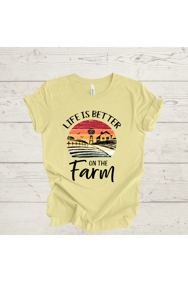 Farm-themed t-shirt with "Life Is Better on the Farm" print, Bella Canvas CVC, cotton polyester blend.