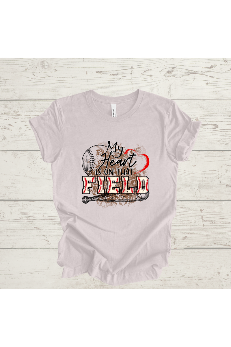 T-shirt with "My Heart is on the Field" design featuring a baseball theme.