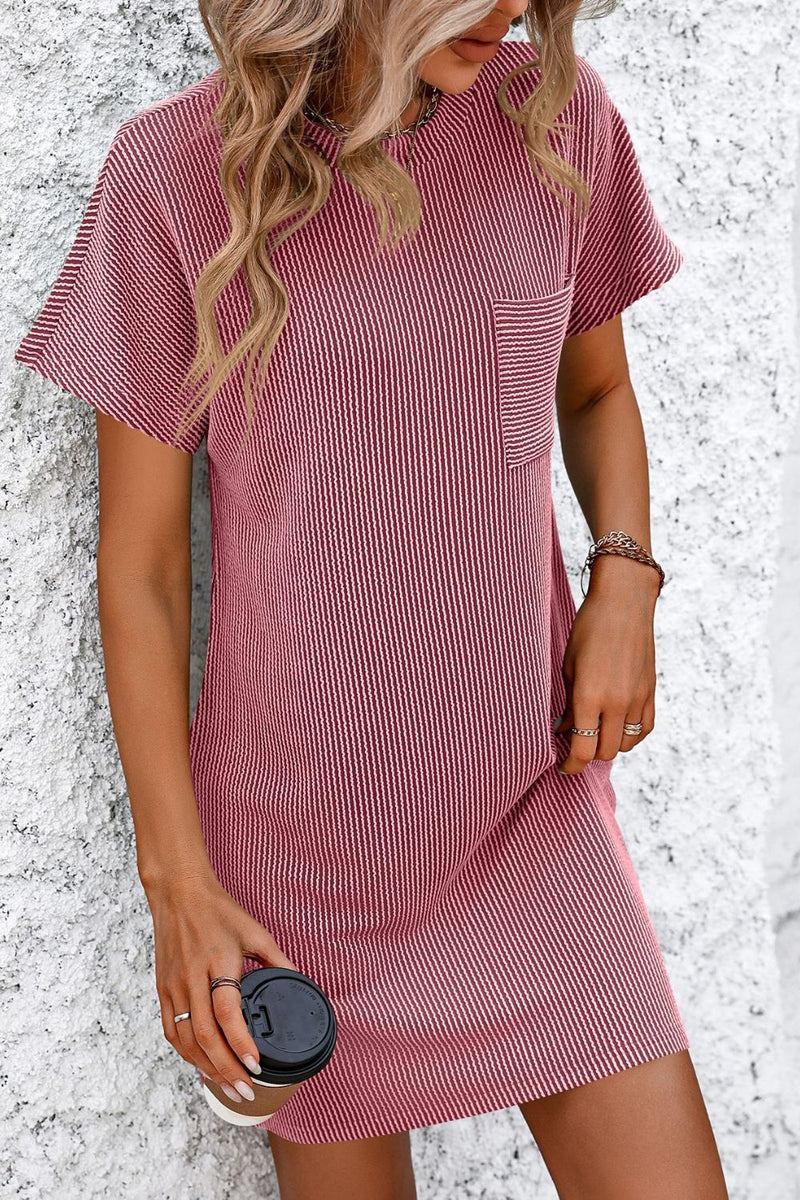 Mandy ribbed striped short sleeve mini tee dress with pocket detail.