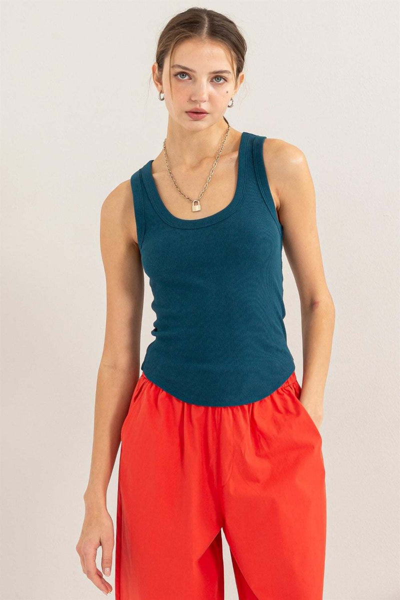 HYFVE Ribbed Scoop Neck Racerback Tank in blue, stylish and comfortable fit.