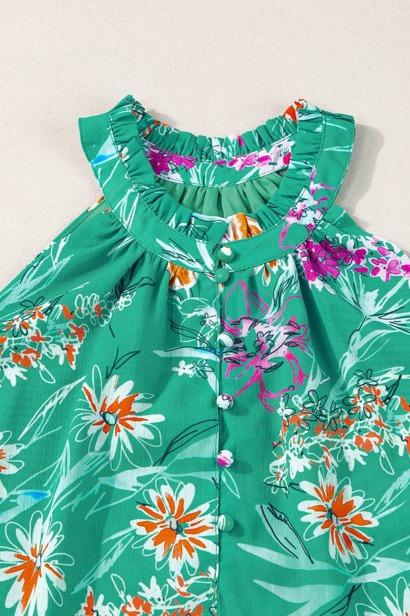 Frill Printed Grecian Tank with floral design and buttoned frill neckline.