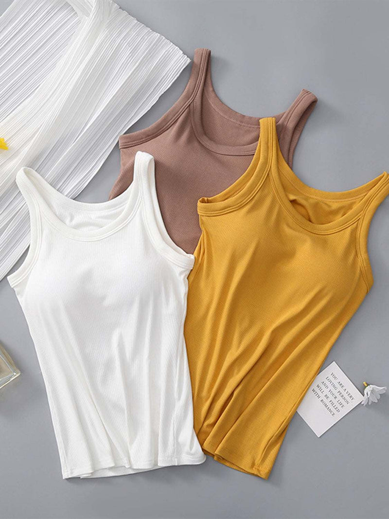 Round neck tank with bra in white, beige, and mustard, featuring a basic style and moderate stretch fabric.