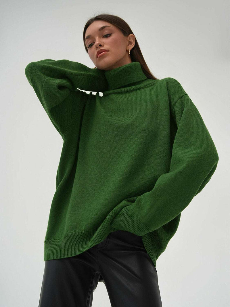 Green turtleneck long sleeve sweater, slightly stretchy, basic style.