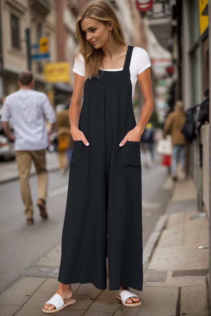 Full size wide leg overalls with pockets, 100% cotton, basic style.