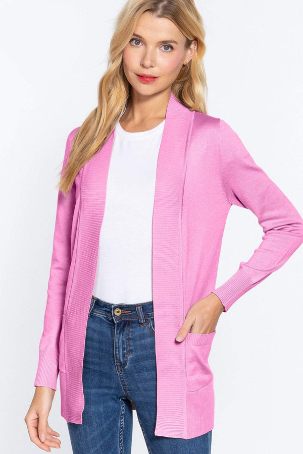 ACTIVE BASIC pink ribbed trim open front cardigan with pockets.