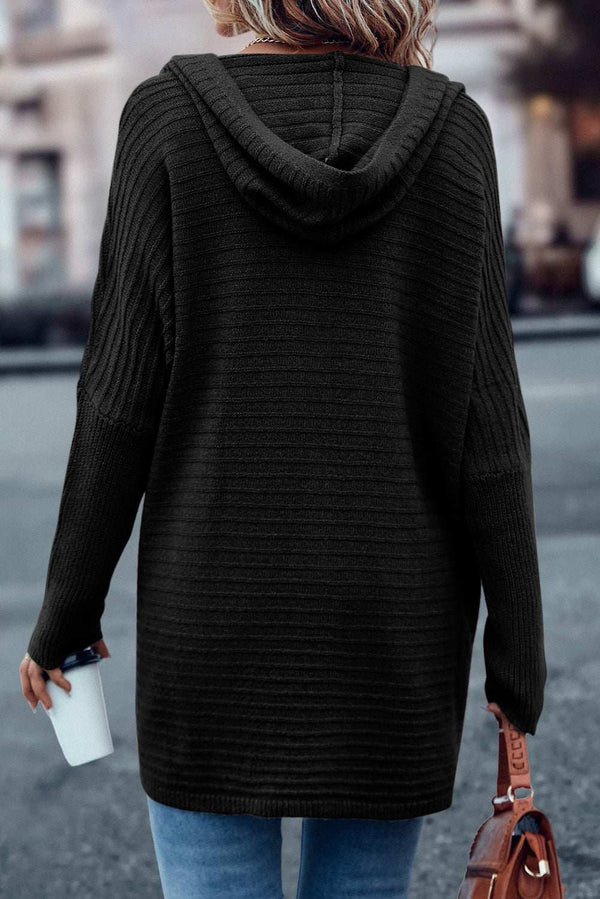 Black horizontal rib knitted open front hooded cardigan, back view.