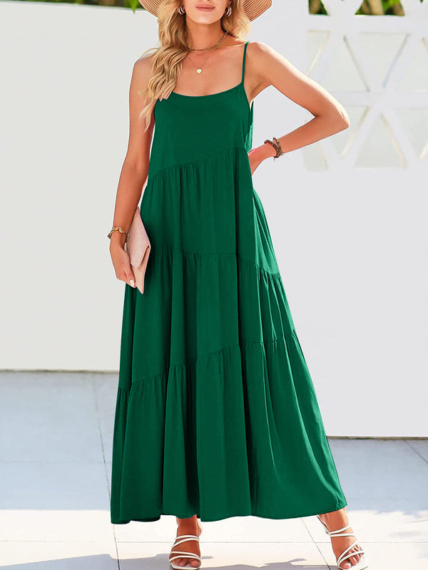 Green full-size ruched tiered spaghetti strap dress for women.