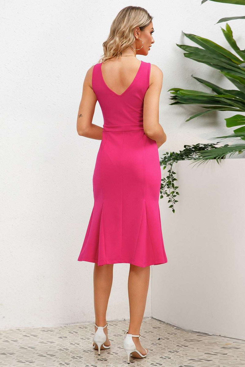Wide strap wrap fishtail dress in pink, basic style, opaque fabric, polyester and spandex blend.
