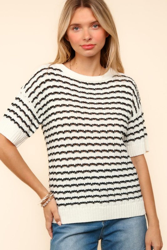 Haptics Openwork Striped Round Neck Half Sleeve Knit Top in black and white.
