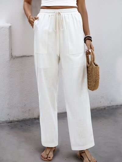 Perfee Drawstring Wide Straight Pants, opaque, pocketed, viscose-cotton blend.