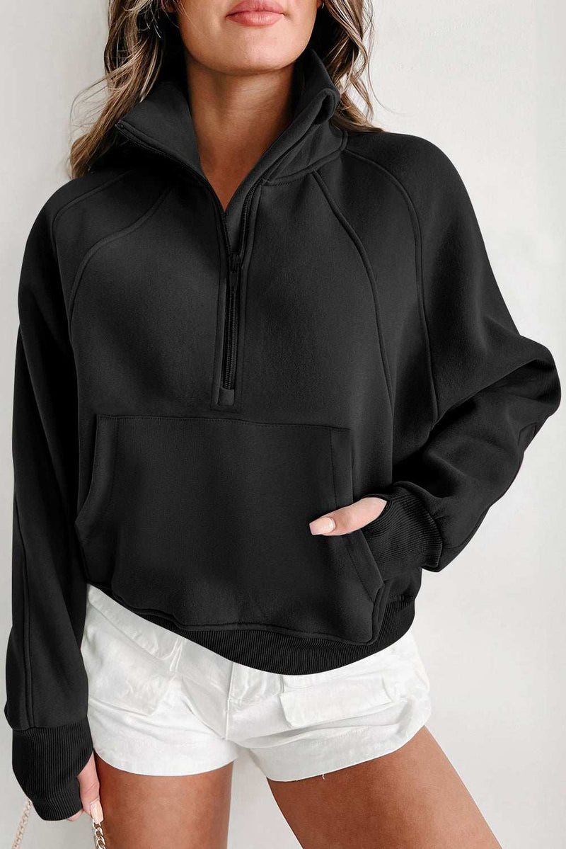 Fleece Lined Zip Up Stand Collar Thumbhole Sleeve Sweatshirt in black.